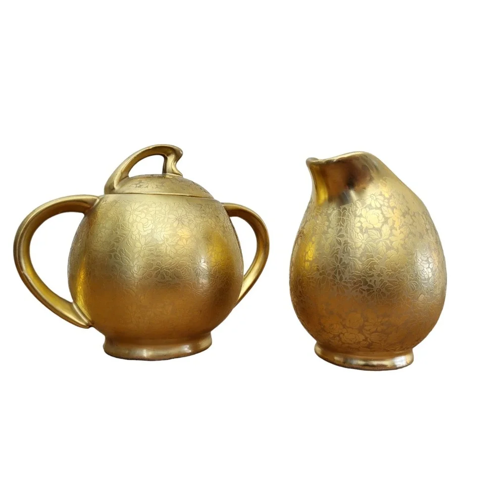 22Kt Gold Gilt Porcelain Osborne Sugar‎ Bowl Creamer Lidded Floral Design Signed